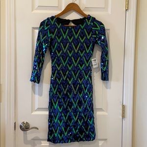 Blue & Black Sequin Cut-Out Back Party Dress